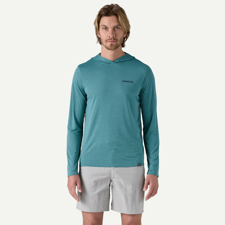 Patagonia Men's Capilene® Cool Daily Graphic Hoody: Boardshort Logo Tones: Wetland Blue X-Dye