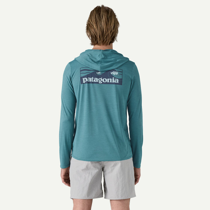 Patagonia Men's Capilene® Cool Daily Graphic Hoody: Boardshort Logo Tones: Wetland Blue X-Dye