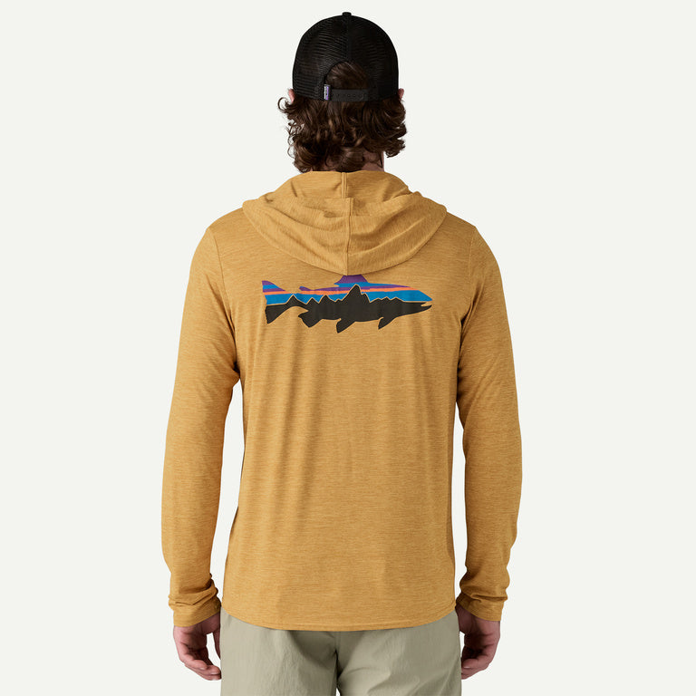 Patagonia Men's Capilene® Cool Daily Graphic Hoody:Fitz Roy Trout: Beeswax Tan X-Dye