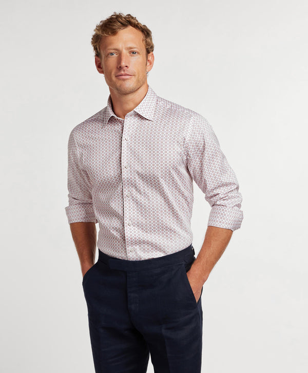 David Donahue White & Coral Neat Print Sport Shirt