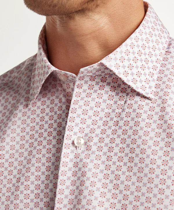 David Donahue White & Coral Neat Print Sport Shirt