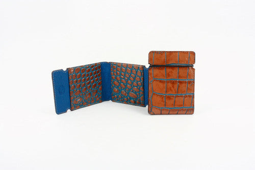 Torino Embossed Crocodile Calfskin Cash Cover Wallet- Tan/Blue