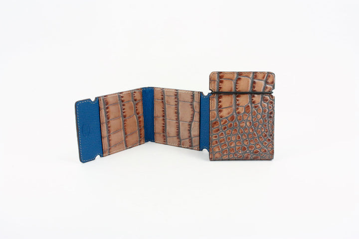 Torino Embossed Crocodile Calfskin Cash Cover Wallet- Taupe/Blue