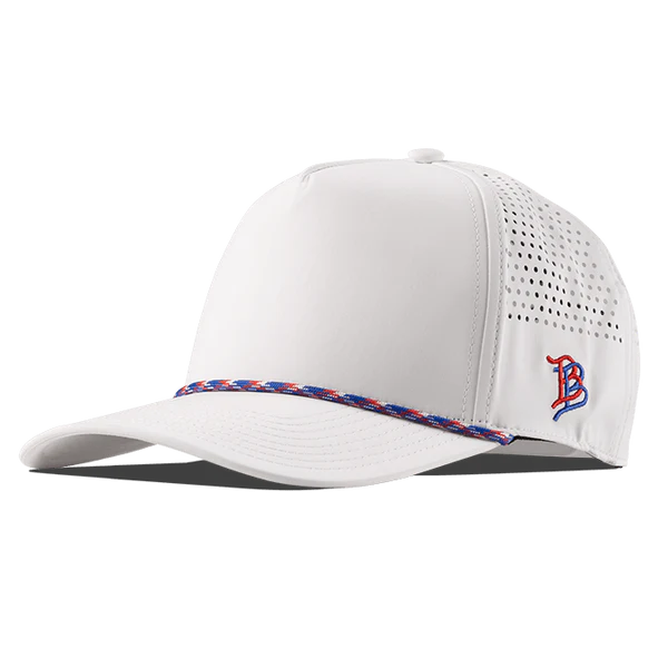 Branded Bills Bare Curved 5 Panel Rope Hat: White with Red White and Blue Rope