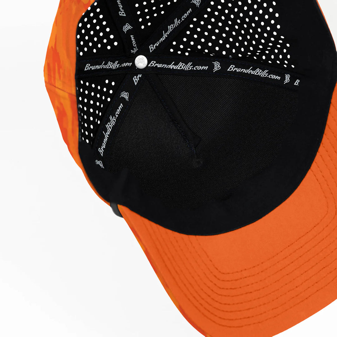 Branded Bills Bare Curved 5 Panel Rope Hat: Blaze Orange Camo