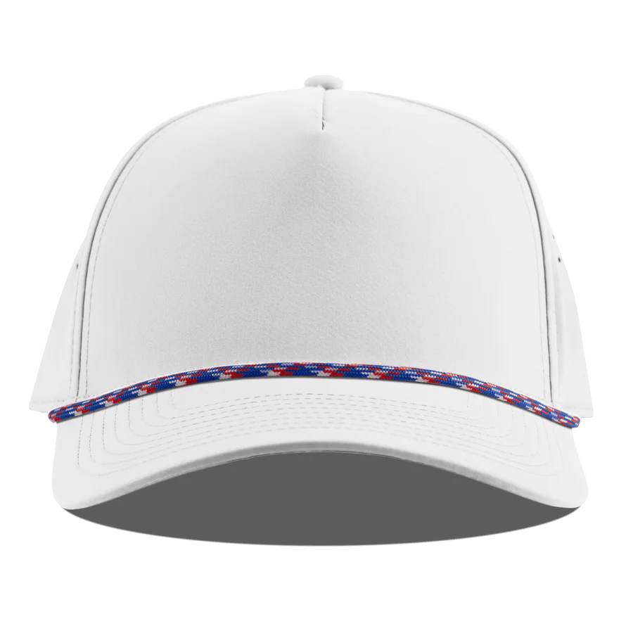 Branded Bills Bare Curved 5 Panel Rope Hat: White with Red White and Blue Rope