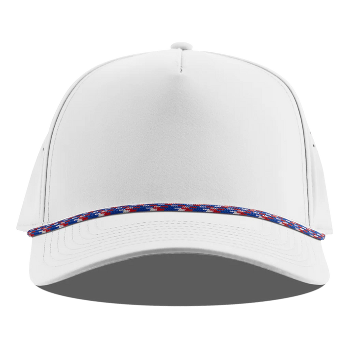 Branded Bills Bare Curved 5 Panel Rope Hat: White with Red White and Blue Rope