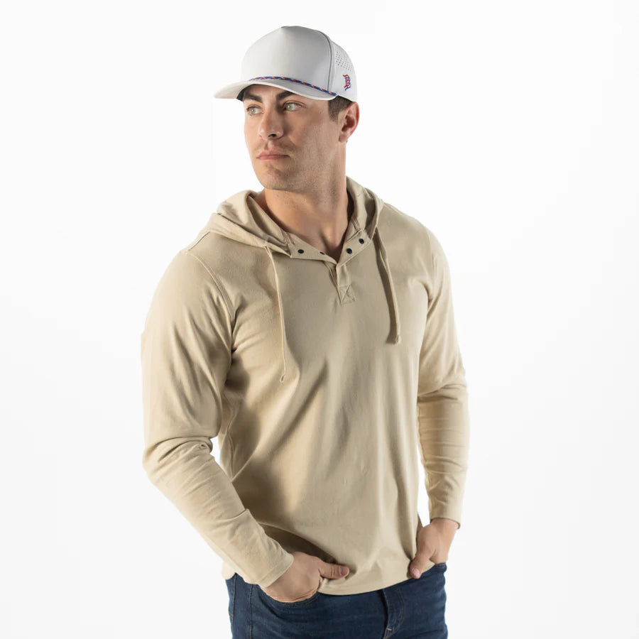 Branded Bills Bare Curved 5 Panel Rope Hat: White with Red White and Blue Rope