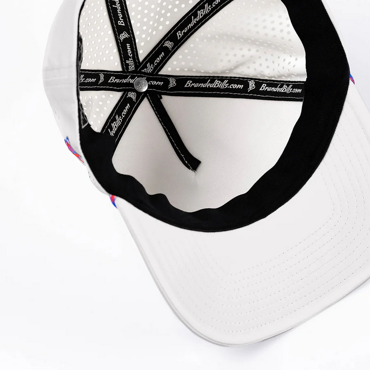 Branded Bills Bare Curved 5 Panel Rope Hat: White with Red White and Blue Rope