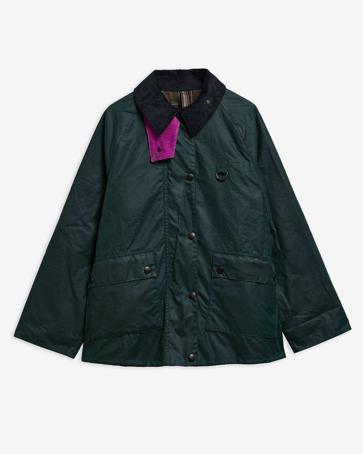 Barbour x Paul Smith Women's Long Spey Wax Jacket: Bottle Green Heraldry Print