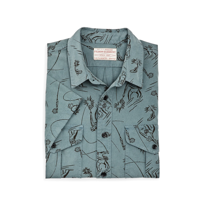 Filson Short Sleeve Lightweight Alaskan Guide Sport Shirt: Blue Gray/Fly Fishing
