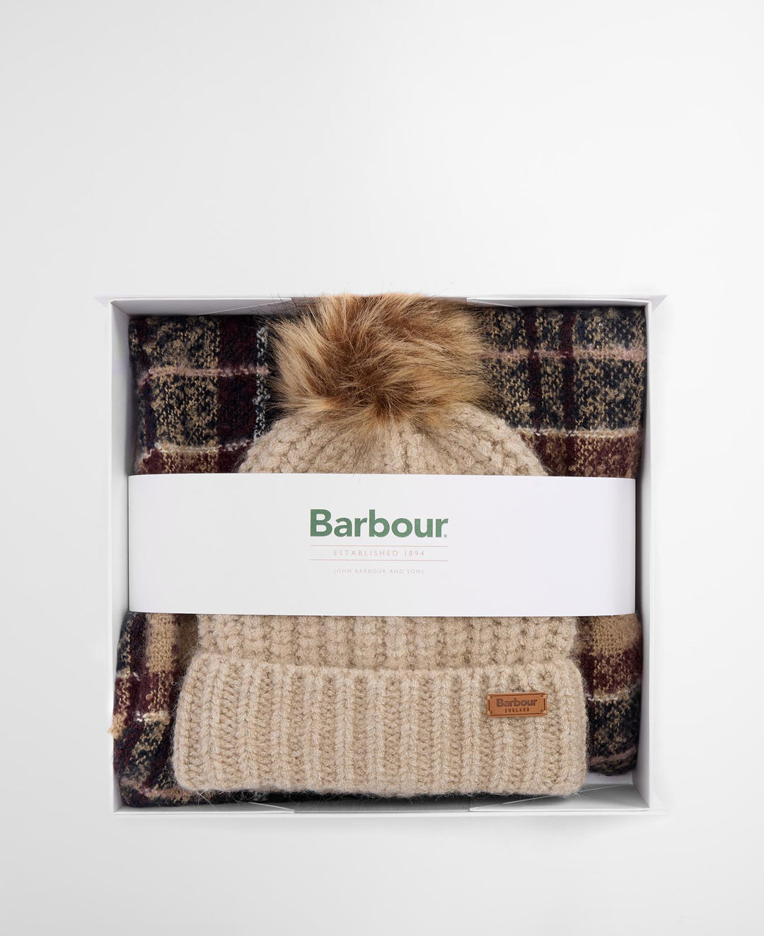 Barbour Saltburn Beanie & Tartan Scarf Gift Set: Gardenia Tartan