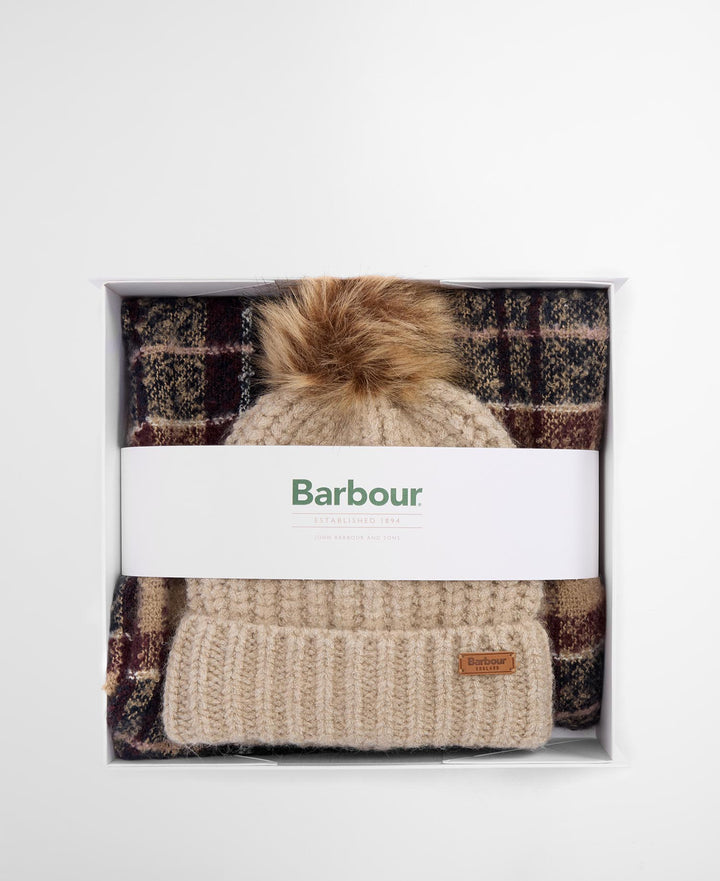 Barbour Saltburn Beanie & Tartan Scarf Gift Set: Gardenia Tartan