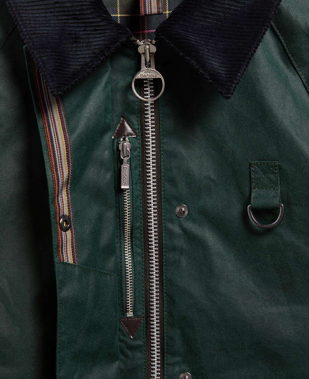 Barbour x Paul Smith Women's Long Spey Wax Jacket: Bottle Green Heraldry Print
