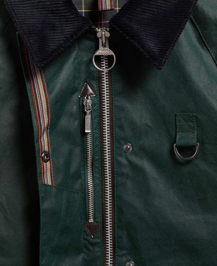 Barbour x Paul Smith Women's Long Spey Wax Jacket: Bottle Green Heraldry Print