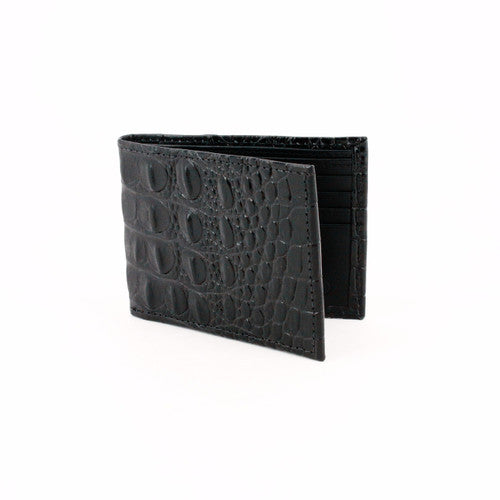 Torino Italian Hornback Croc Embossed Calfskin Leather Billfold Wallet: Black