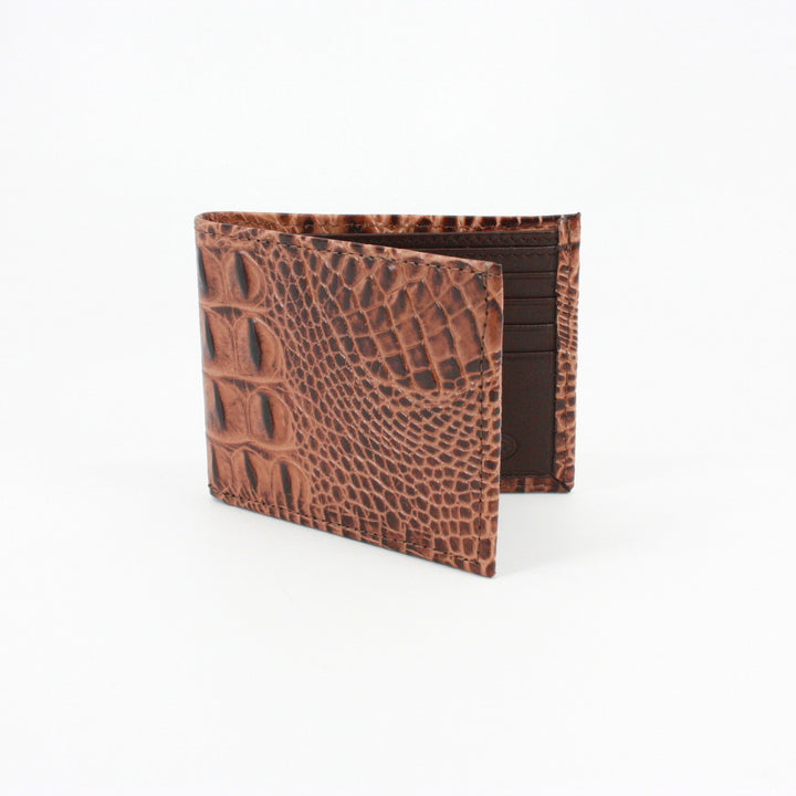 Torino Italian Hornback Croc Embossed Calfskin Leather Billfold Wallet: Cognac