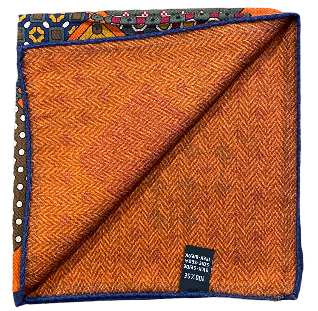 R Hanauer Reversible Patchwork Herringbone Pocket Square: Henna