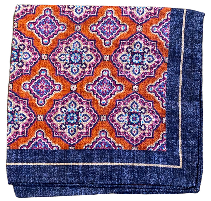 R Hanauer Reversible Medallion Windowpane Pocket Square: Henna