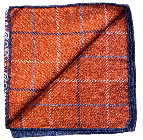 R Hanauer Reversible Medallion Windowpane Pocket Square: Henna