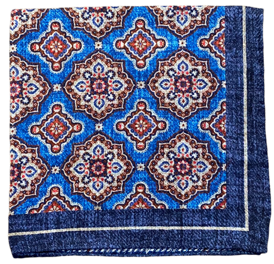 R Hanauer Reversible Medallion Windowpane Pocket Square: Blue