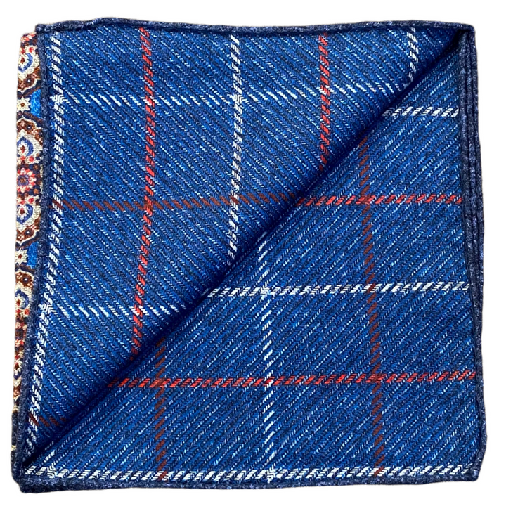 R Hanauer Reversible Medallion Windowpane Pocket Square: Blue