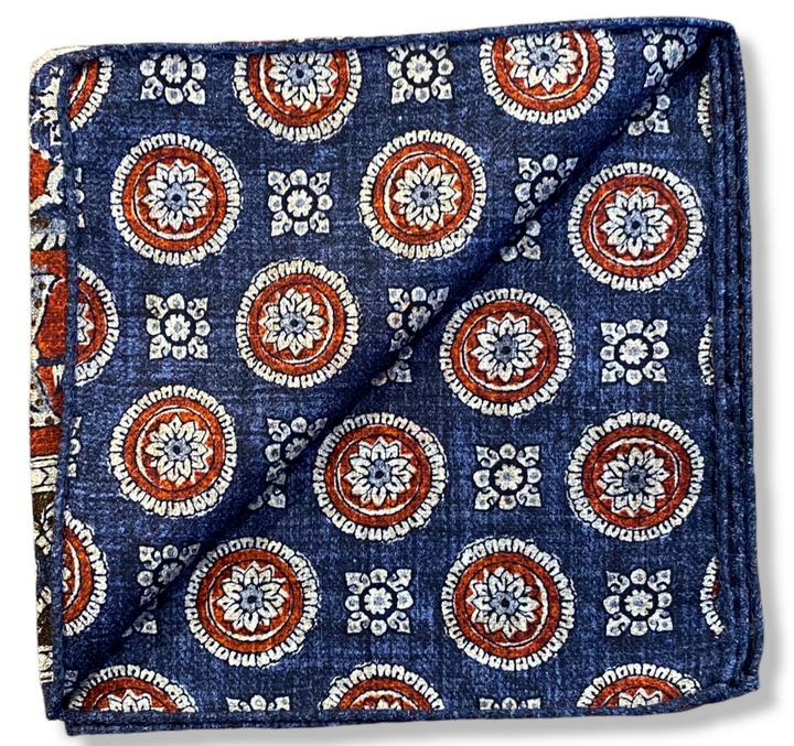 R Hanauer Reversible Paisley Medallion Pocket Square: Navy/Brown