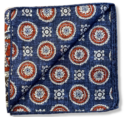 R Hanauer Reversible Paisley Medallion Pocket Square: Navy/Brown