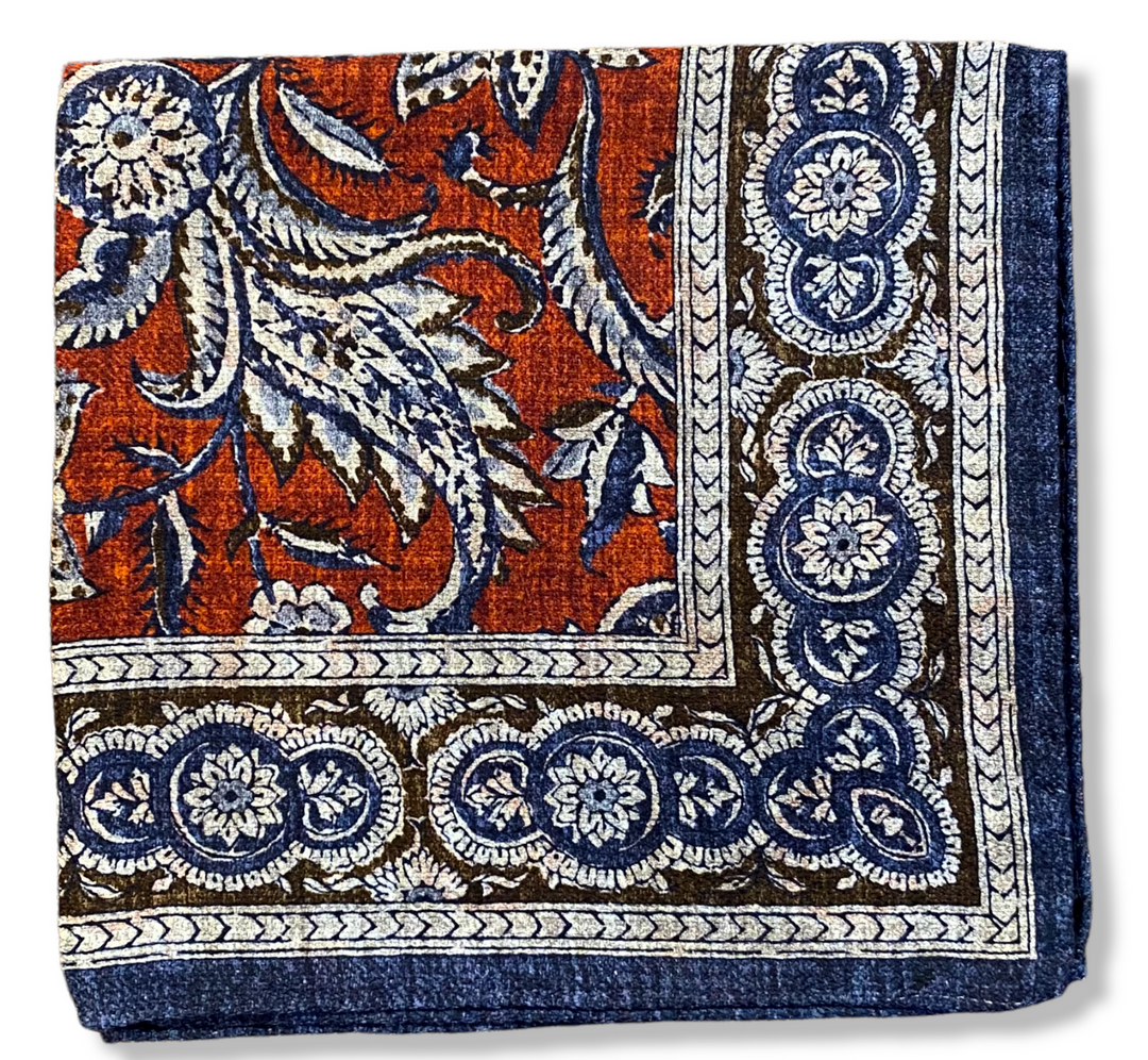 R Hanauer Reversible Paisley Medallion Pocket Square: Navy/Brown