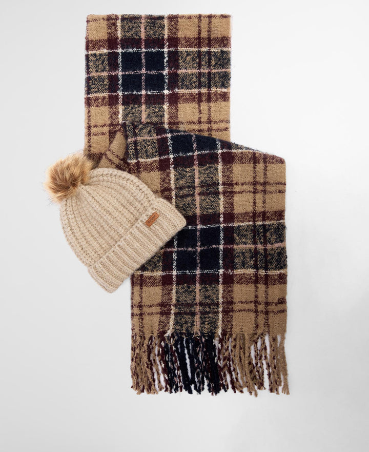 Barbour Saltburn Beanie & Tartan Scarf Gift Set: Gardenia Tartan