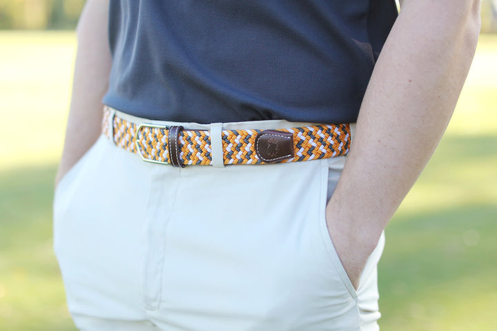 Roostas The Bristol Two Toned Woven Elastic Stretch Belt - Orange/Smokey/White