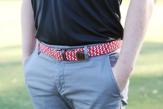 Roostas The Dublin Two Toned Woven Elastic Stretch Belt - Scarlet/Gray/White