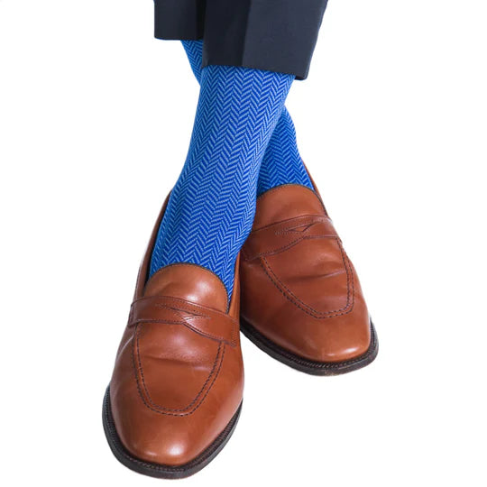 Dapper Classics Azure Blue and Clematis Blue Herringbone Mid Calf Cotton Sock