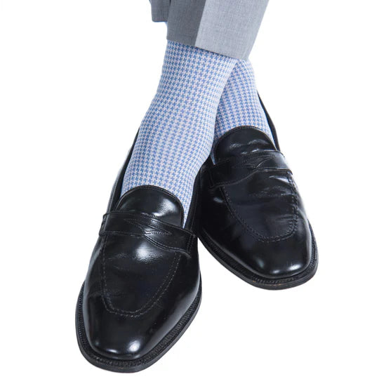 Dapper Classics Azure Blue with Pink Houndstooth Mid-Calf Cotton Sock