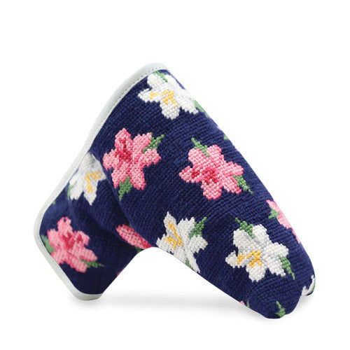 Smathers and Branson Needlepoint Putter Cover: Azalea Navy and White Leather