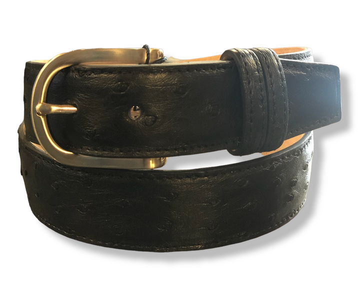 W. Kleinberg Quilled Ostrich Belt with Brushed Nickel Buckle: Black