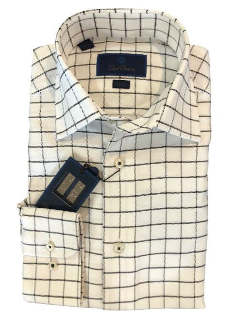 David Donahue White & Black Windowpane Check Dress Shirt: Trim Fit