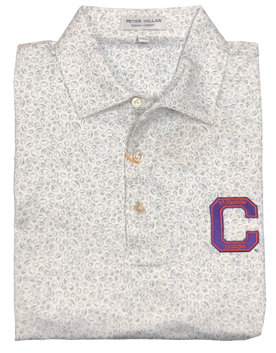 Peter Millar Clemson "C" Logo Blitz Performance Jersey Polo: White/Gal Craig Reagin Clothiers Peter Millar Clemson "C" Logo Blitz Performance Jersey Polo: White/Gal Craig Reagin Clothiers