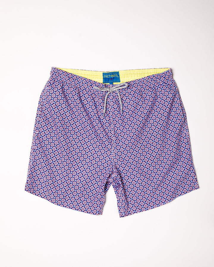 Michael's Men's Cyclist Liner Swim Trunks - Blooming Stars:Navy/Orange