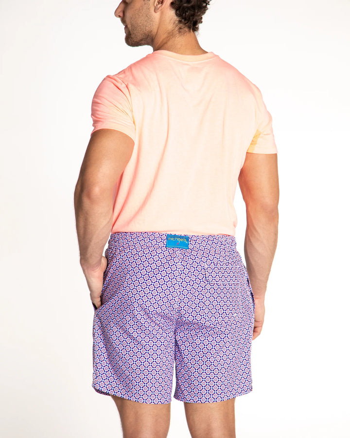 Michael's Men's Cyclist Liner Swim Trunks - Blooming Stars:Navy/Orange