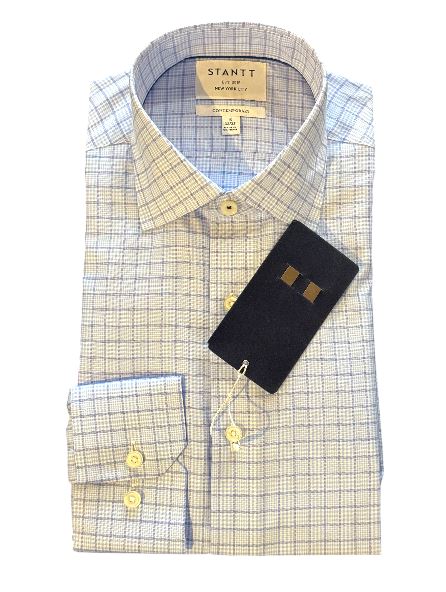 Stantt Ready To Wear Tonal Blue and Navy Bordered Multi Check Dress Shirt