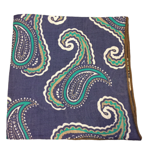 Seaward and Stearn Large Blue and Teal Paisley Pocket Square