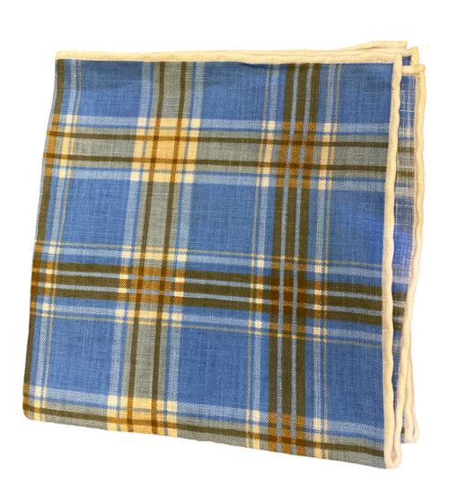 Seaward and Stearn Blue and Brown Linen Plaid Pocket Square