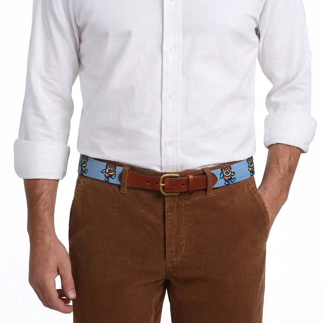 Smathers and Branson Needlepoint Belt: Dancing Bears Tie Dye Belt (Light Blue)