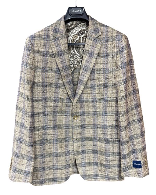 Stantt Brown Blue Multi Stacked Check Surface Weave Sport Coat