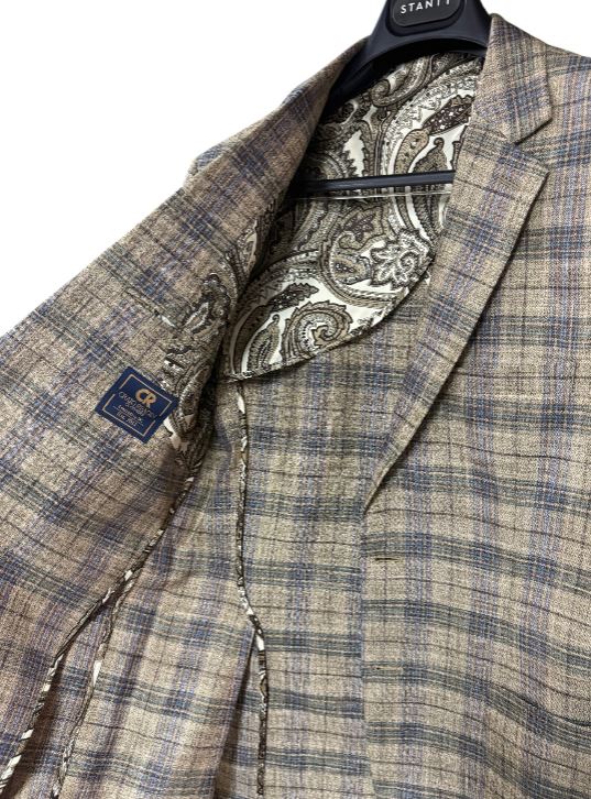 Stantt Brown Blue Multi Stacked Check Surface Weave Sport Coat