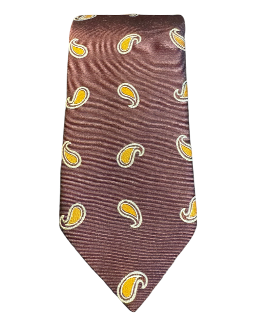 Seaward and Stearn Paisley Silk Tie: Burgundy w/ Mustard