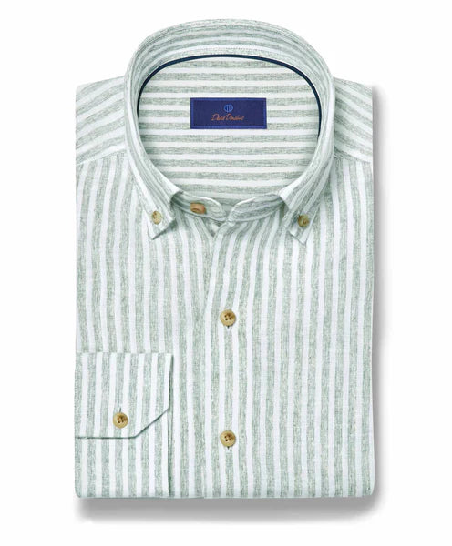 David Donahue Linen Stripe Sport Shirt: Sage