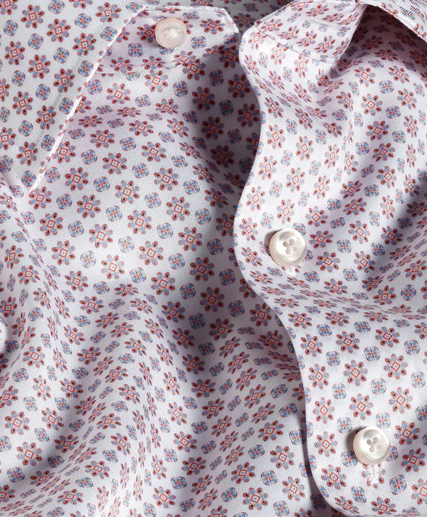 David Donahue White & Coral Neat Print Sport Shirt