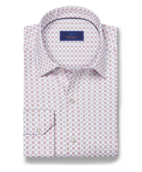David Donahue White & Coral Neat Print Sport Shirt